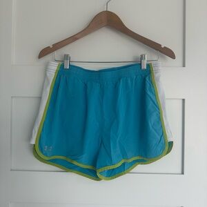 Under Armour Women’s Turquoise Athletic Shorts with Lime Trim. Size Large.